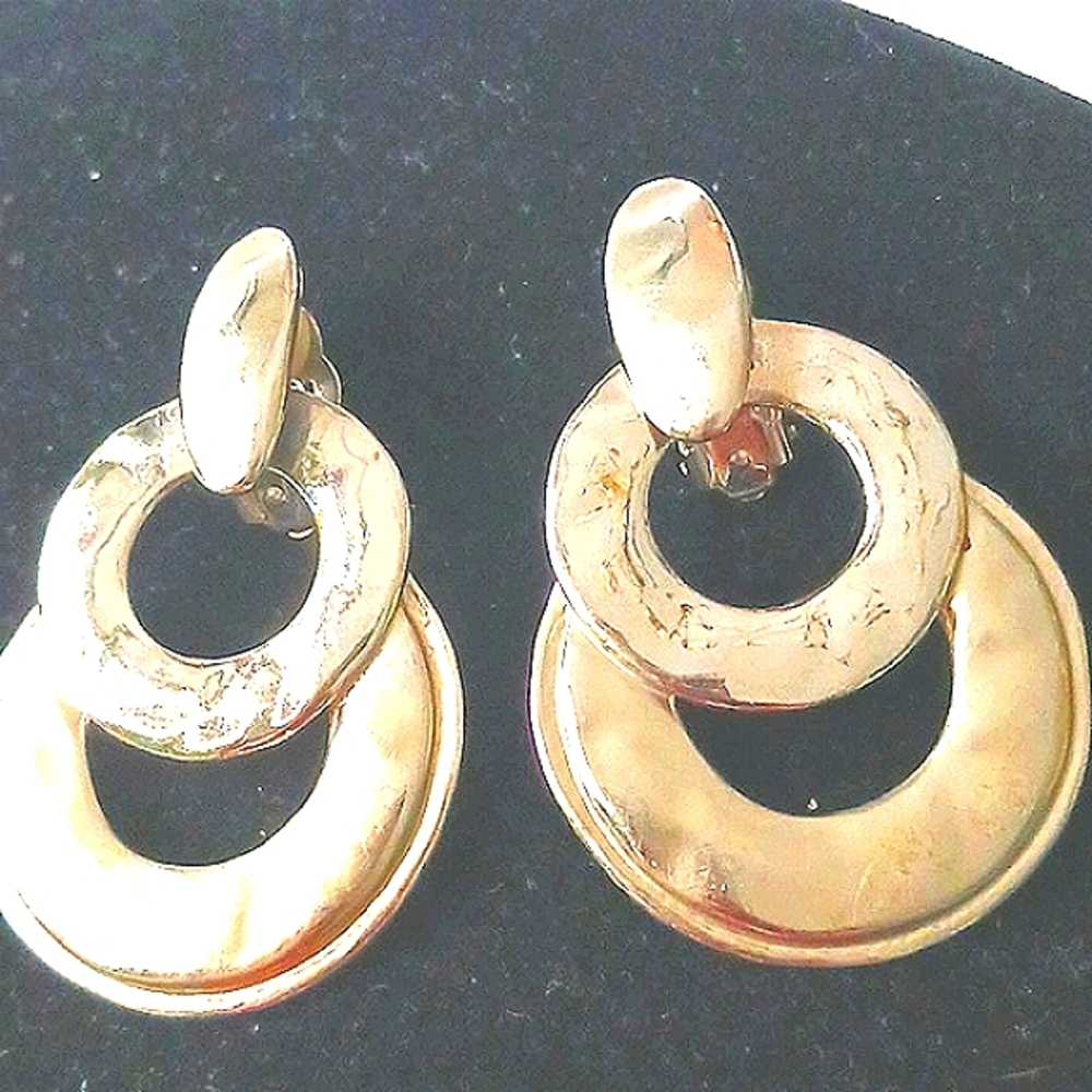 CUTE Silver Tone Double Circle Dangle Clip-On Earrings